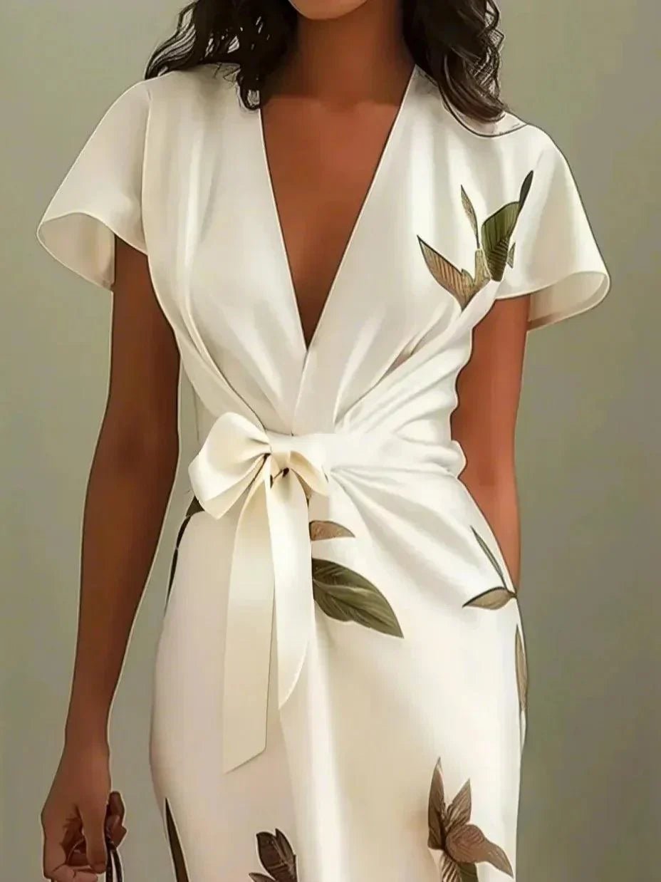 Women's Floral Wrap Midi Dress – V-Neck, Tie Waist