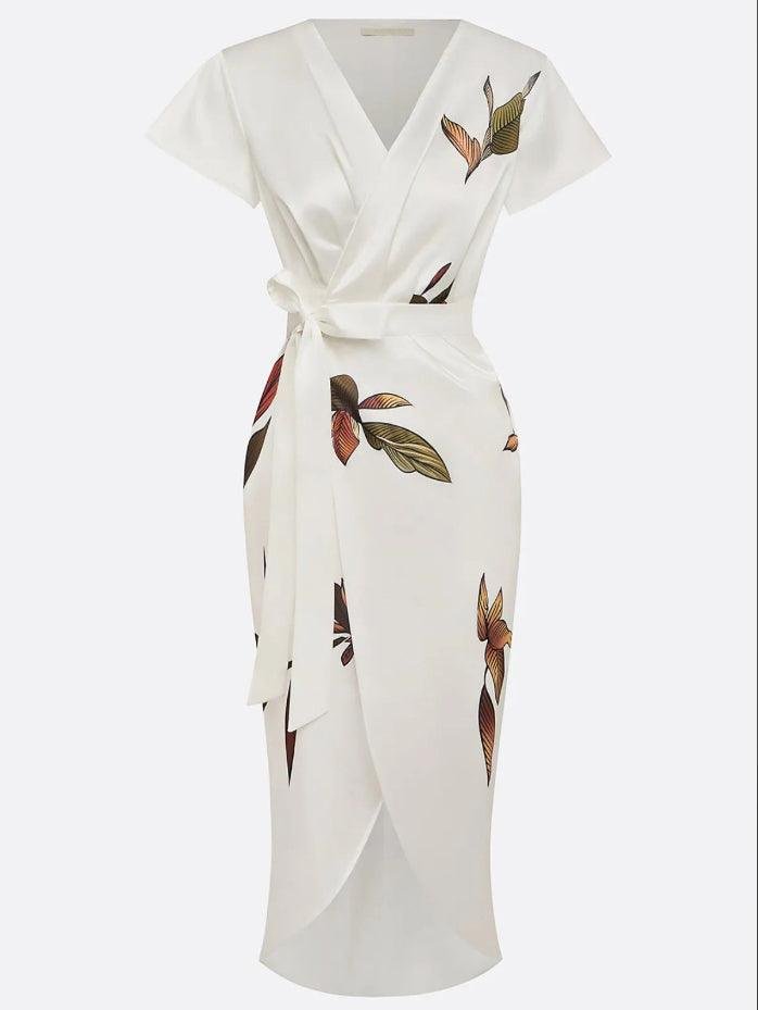 Women's Floral Wrap Midi Dress – V-Neck, Tie Waist