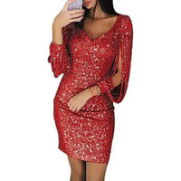 Midi dress for women sequins V-neck long sleeves fitted for gala