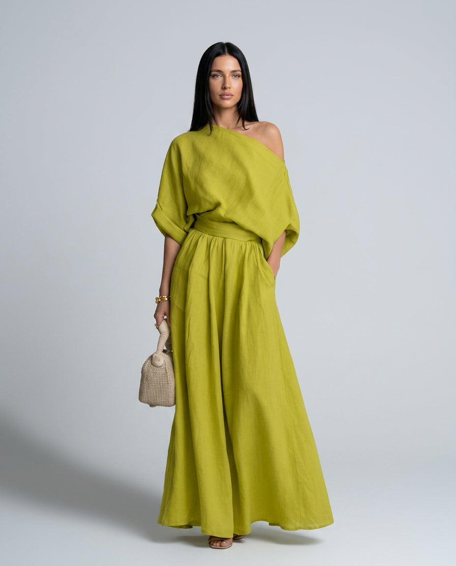 Sæt Dame One-Shoulder – Hørlook Top og A-formet Maxinederdel