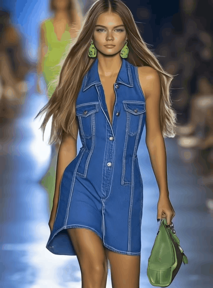 Alma Kjole Dame – Denim Minikjole med V-Hals & Lynlås Design Panorla