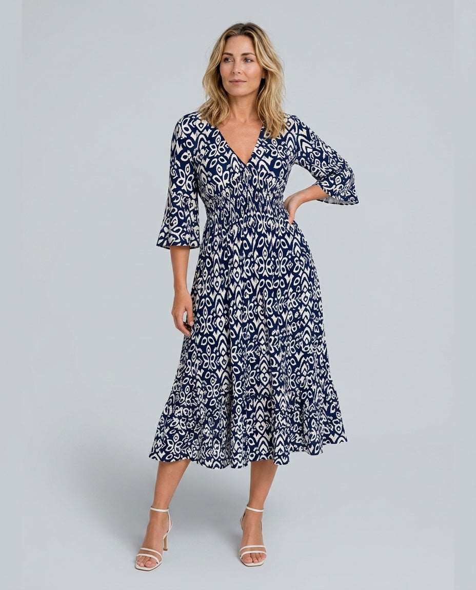 Boho Maxikjole Dame – V-Hals med Grafisk Print og Korte Ærmer