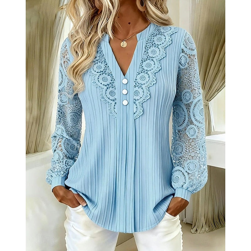 Blondebluse Dame – V-hals Bluse med Knapper og Lange Ærmer
