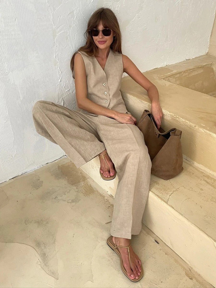 Linen Set Women 2-Piece – Sleeveless Vest & Wide Pants