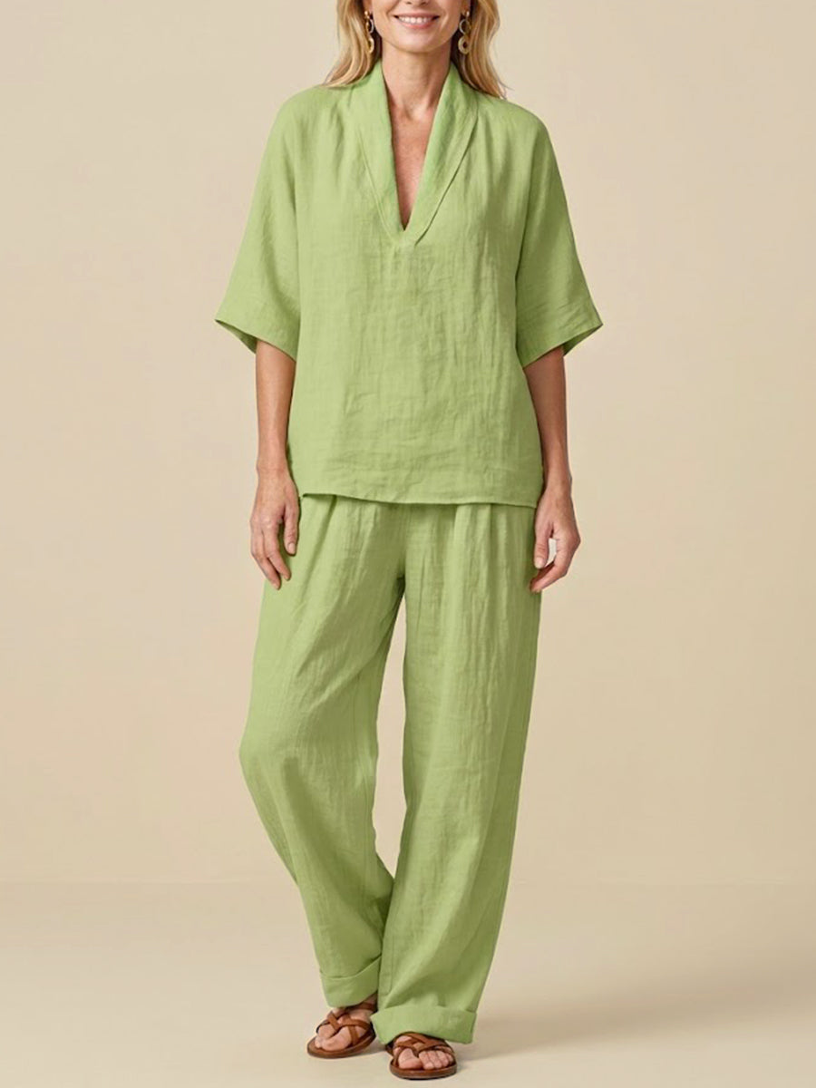 Linen Blend Two-Piece Set Women – V-Neck Top & Trousers