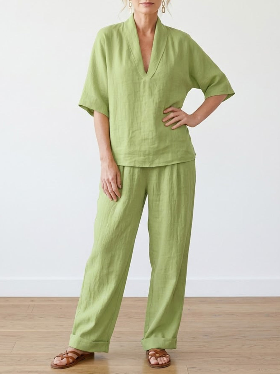 Linen Blend Two-Piece Set Women – V-Neck Top & Trousers