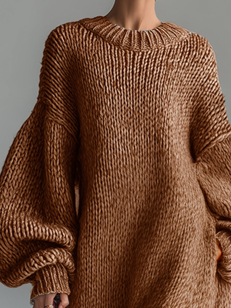 Nadia Oversized Strikkjole Dame – Lang Maxi med Rund Hals