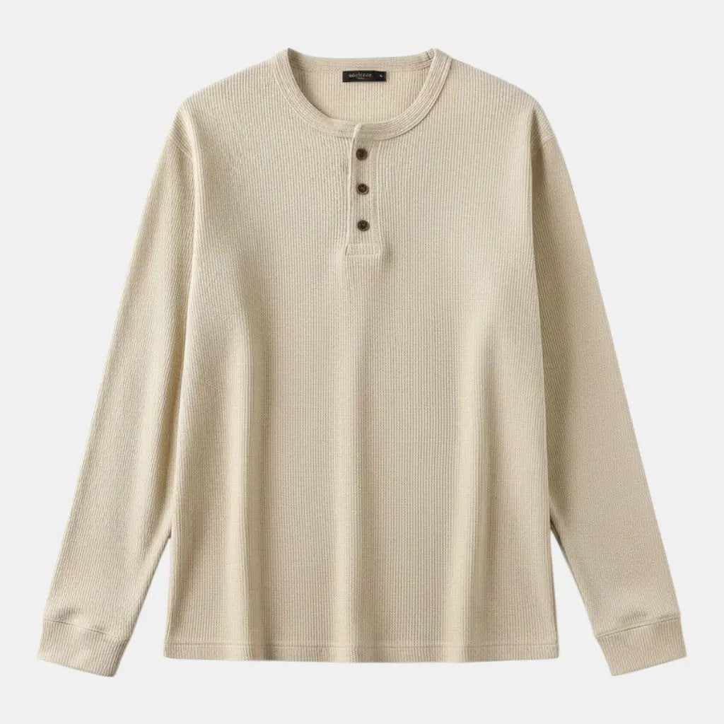 Panorla men's long-sleeve henley t-shirt in beige waffle knit with a three-button placket. Relaxed fit for everyday wear.