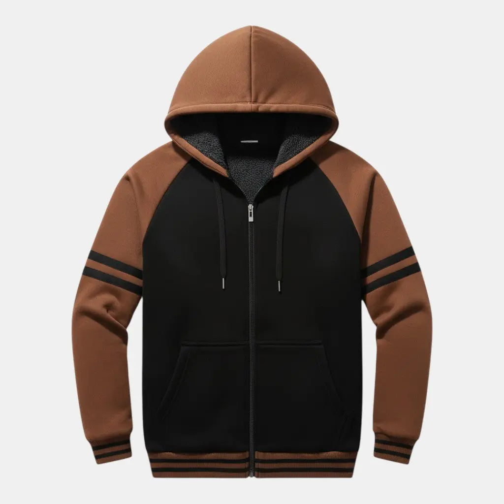 Panorla men's black and brown zip-up hoodie with fleece lining, functional hood, and contrast sleeves with stripe detail.