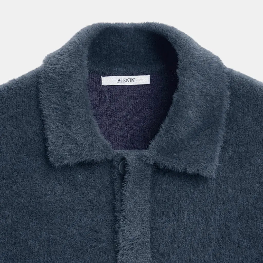 Panorla men's dark blue textured alpaca long-sleeve polo shirt with a classic collar and hidden button placket.