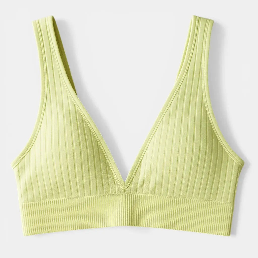 Panorla light green seamless plunge bra with deep V-neck and ribbed stretch fabric. Comfortable, wireless design.