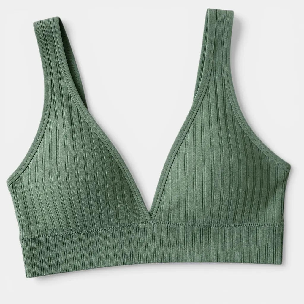 Panorla green ribbed seamless plunge bra with deep V and no underwire, made of stretch nylon and spandex.