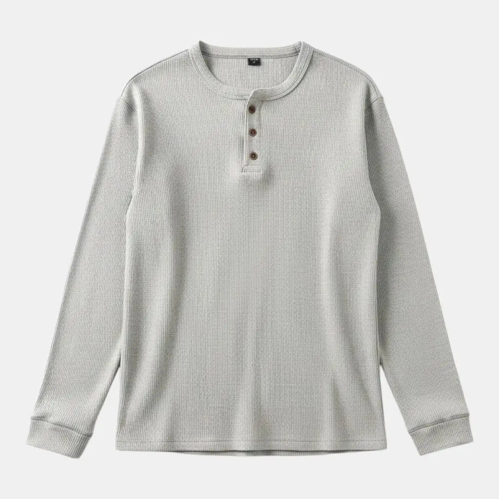 Panorla men's light grey long-sleeve henley t-shirt with button neck and relaxed fit.