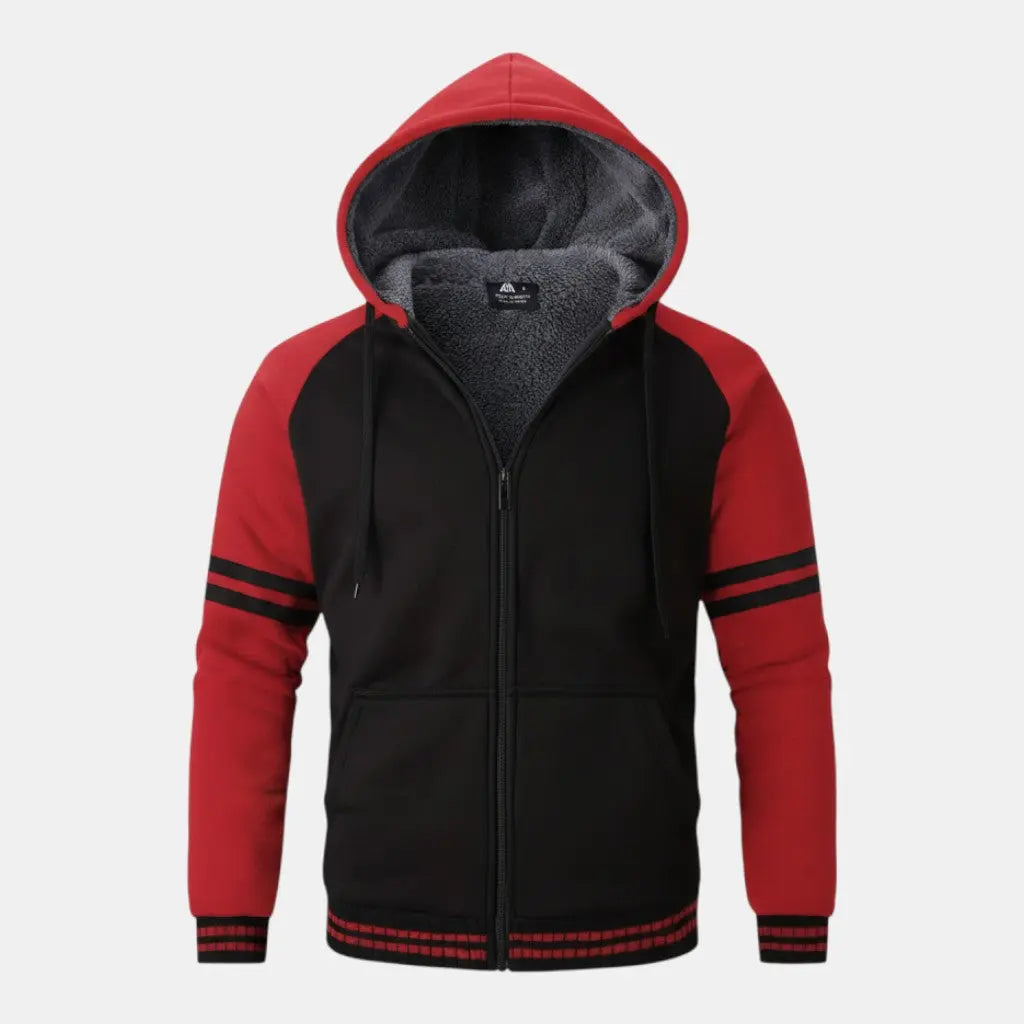 Panorla men's black and red zip-up hoodie with fleece lining, drawstring hood, and front pockets. Ribbed cuffs and hem.
