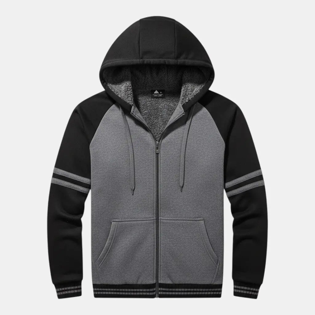 Panorla men's grey and black zip-up hoodie with sherpa lining, drawstring hood, front pocket, and striped cuffs.