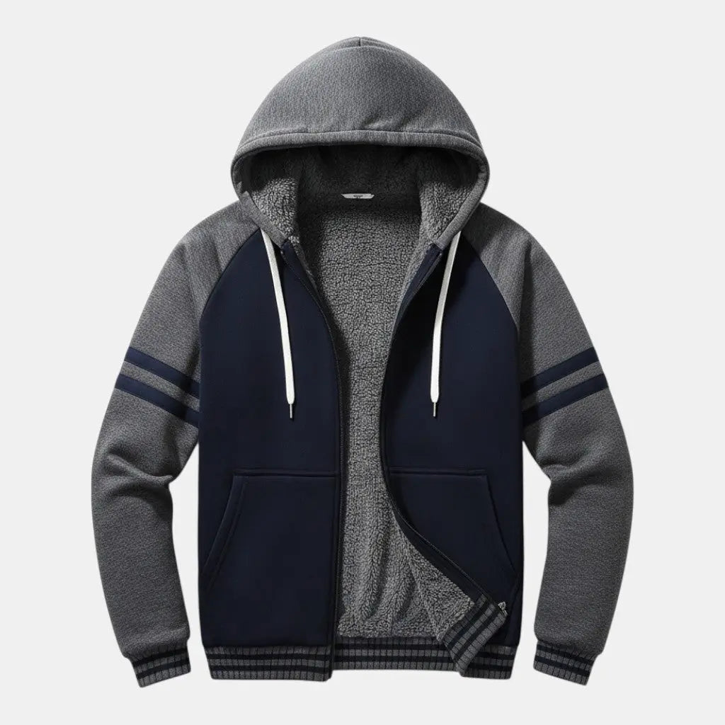 Panorla men's navy blue and grey raglan sleeve hoodie with sherpa lining, full zip, front pocket, and striped cuffs.