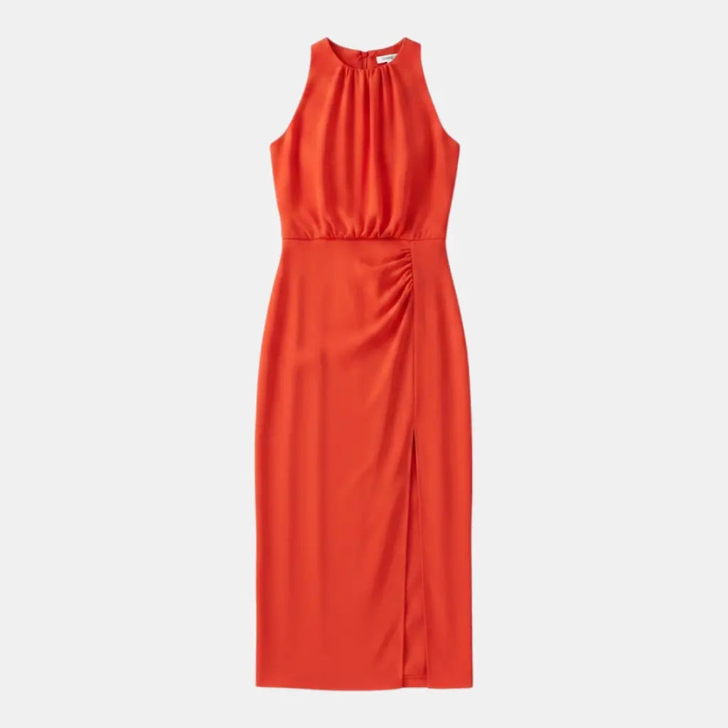 Panorla orange sleeveless ruched midi dress with a high neckline and thigh-high slit. Elegant summer occasion wear.