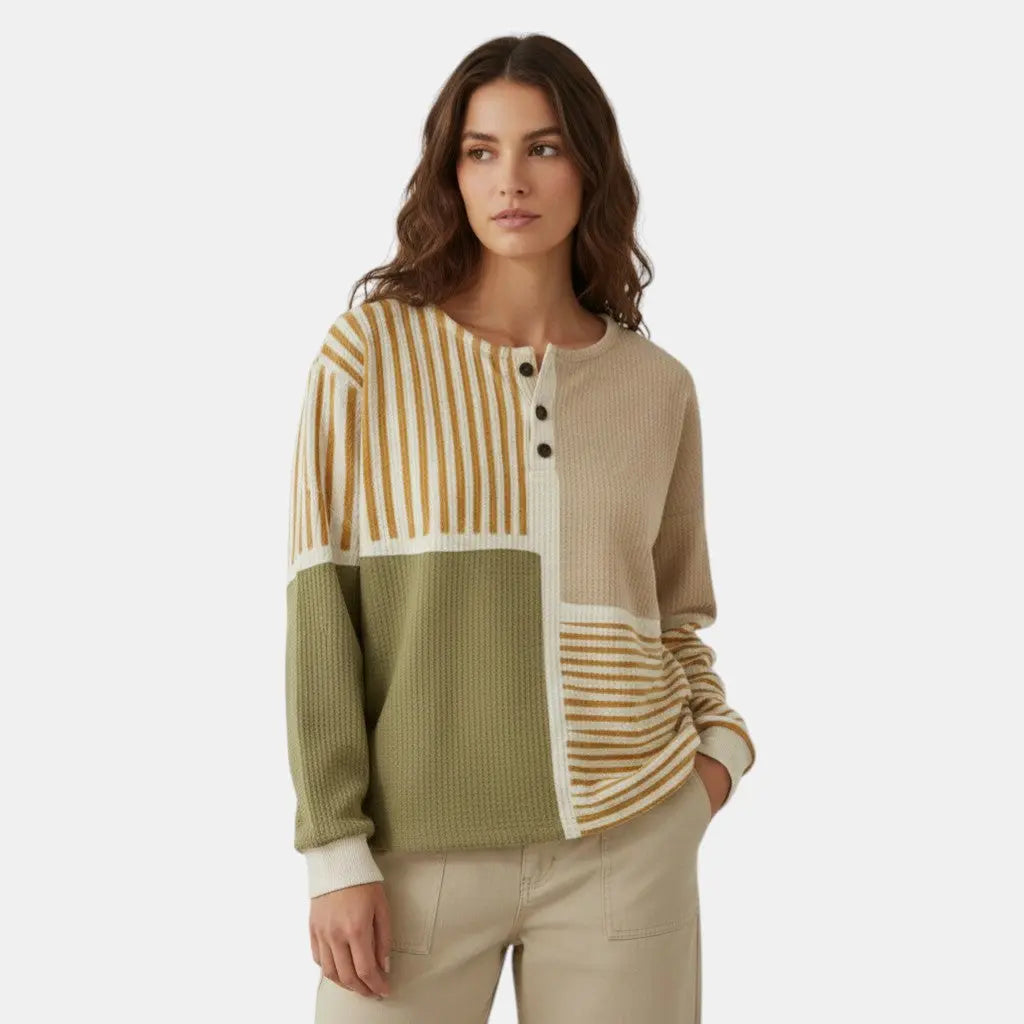 Panorla women's long-sleeve sweater in a patchwork design of beige, olive green, and striped patterns. Features a henley neckline with buttons and a comfortable, loose fit.