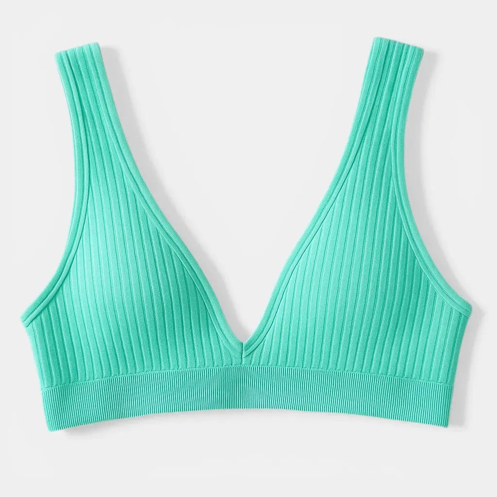 Panorla turquoise seamless plunge bra with deep V-neck and ribbed stretch fabric, no underwire.