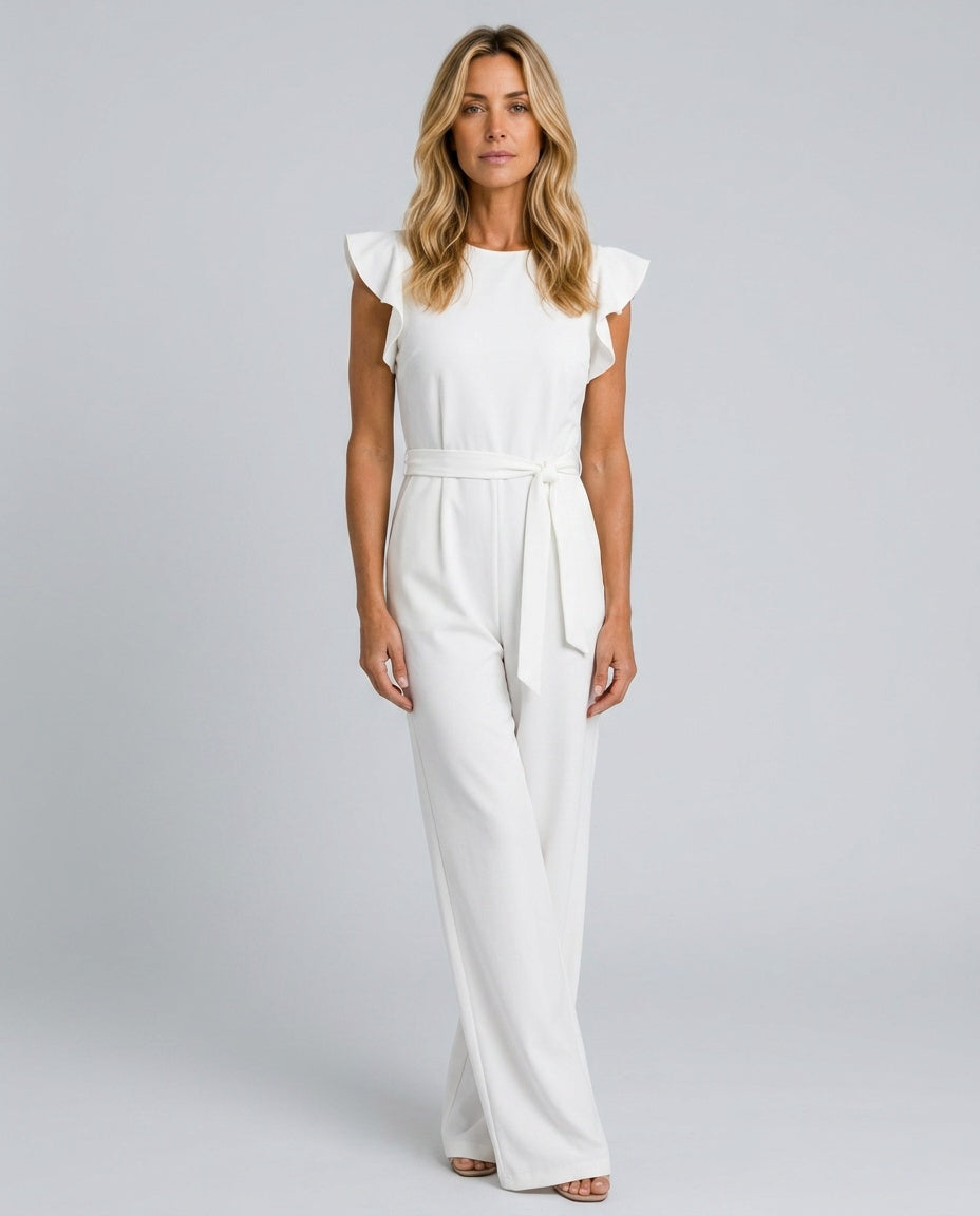 Ruffle Sleeve Jumpsuit Women – Straight Leg Tie Belt Jumpsuit
