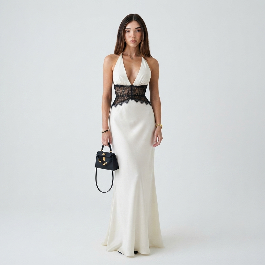 Satynowa Sukienka Maxi Damska – Halter, Koronkowa Talia, Odkryte Plecy