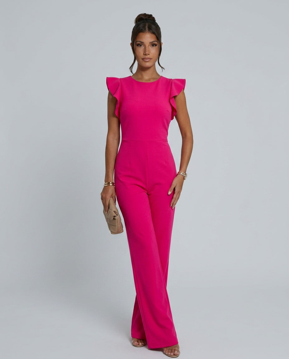 Ruffle Sleeve Jumpsuit Women – Straight Leg Tie Belt Jumpsuit