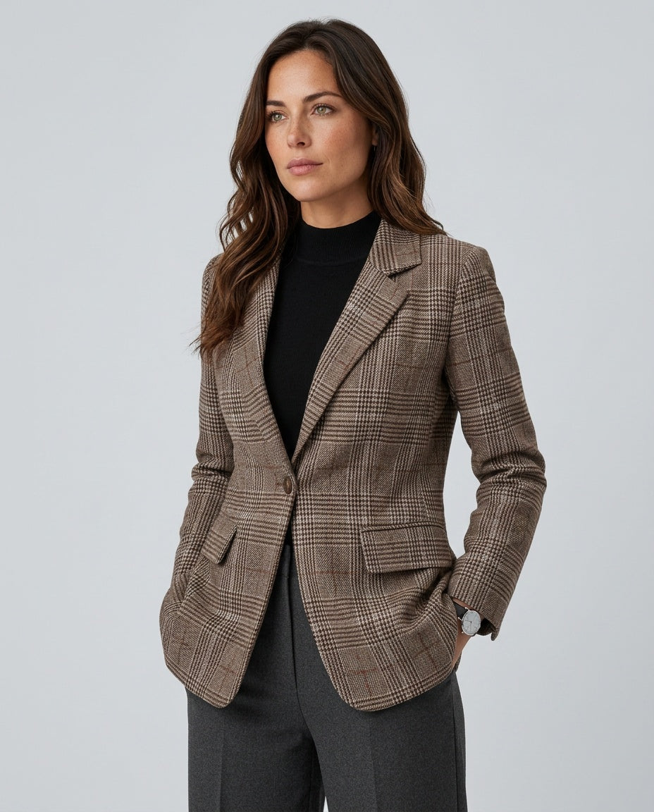 Check Blazer Women Brown – Tailored Lapel Long Sleeve Blazer