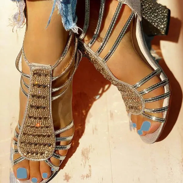 Elegant Gladiator Sandaler Dame med Blok Hæl & Rhinsten Detaljer til Festlige Anledninger 3