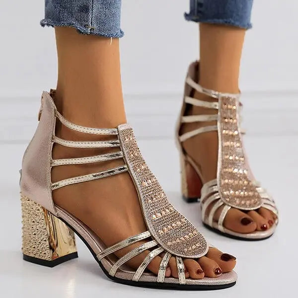 Elegant Gladiator Sandaler Dame med Blok Hæl & Rhinsten Detaljer til Festlige Anledninger 4