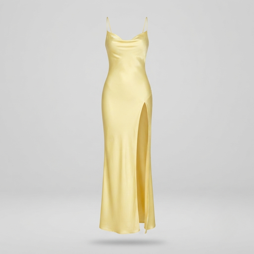 Satin Maxikjole Dame – Halterneck Festkjole med Slids
