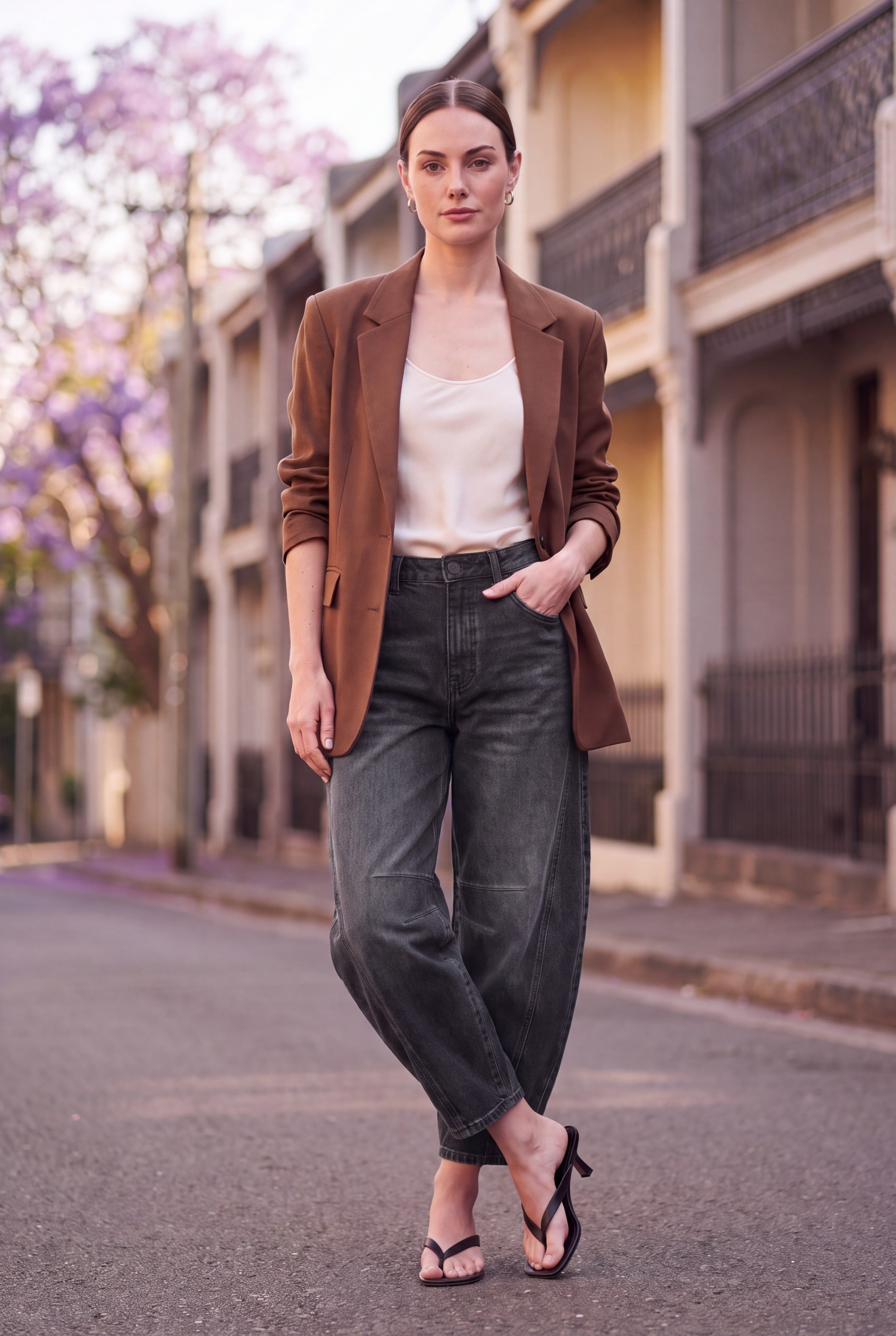 Barrel leg jeans dame i sort denim styles med brun blazer og creme silketop