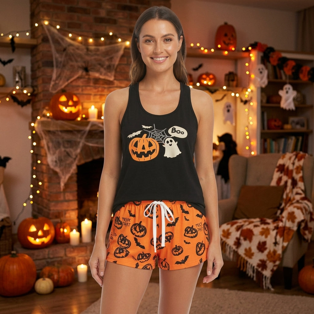 Halloween Pyjamas Dame Sæt – Græskar & Kranie Nattøj med Shorts