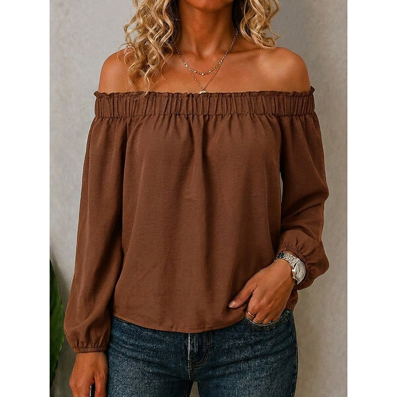 Off-Shoulder Top Dame – Bardotbluse med Volan og Lange Ærmer