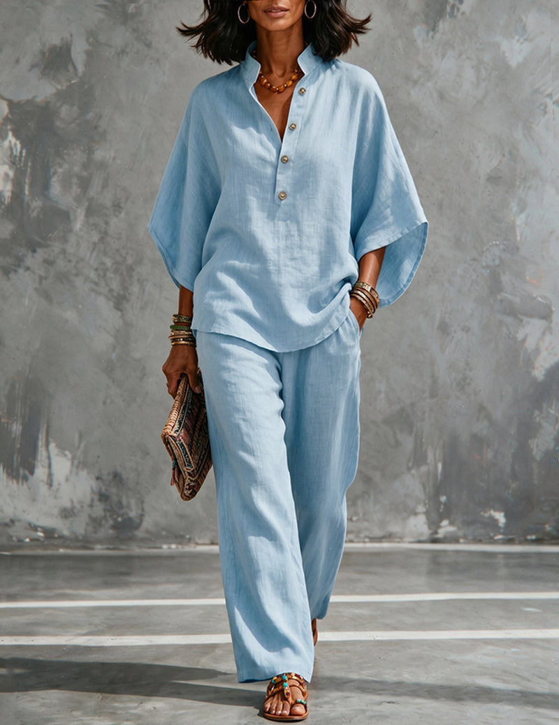 Linen Set Women 2 Piece – Batwing Top & Wide Leg Pants
