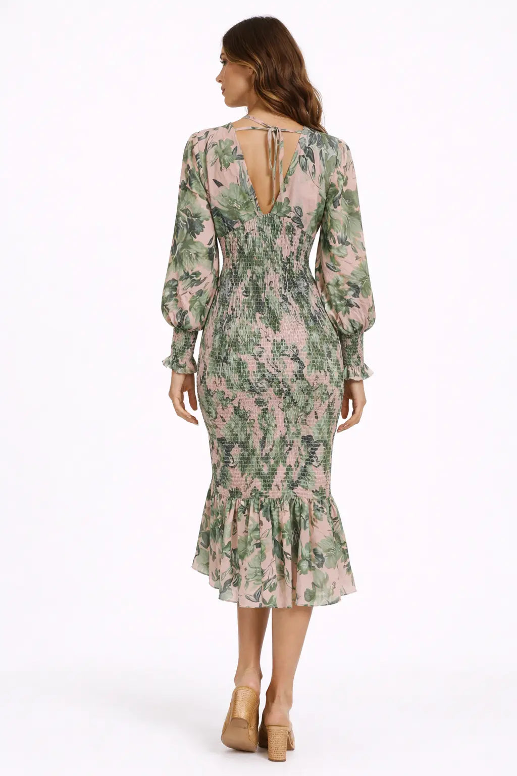 Midi kjole dame blomstret v-udskæring fitted talje polyester sommer Panorla