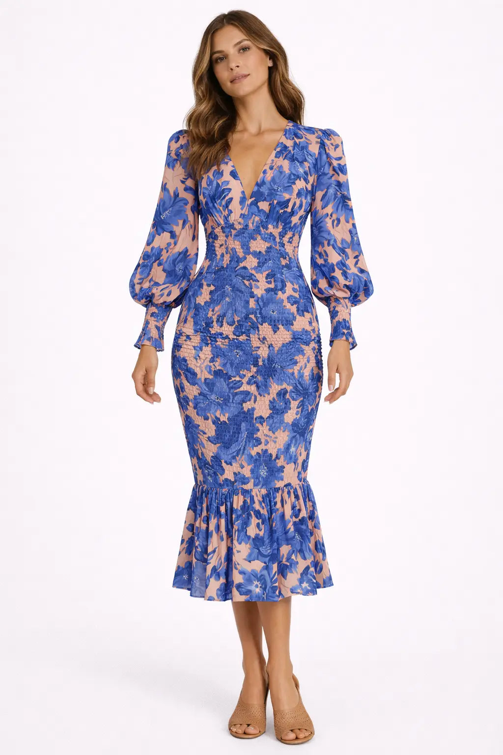 Midi kjole dame blomstret v-udskæring fitted talje polyester sommer Panorla