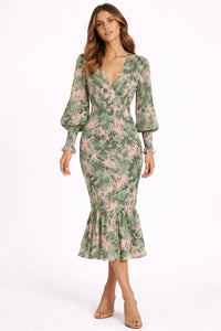 Midi kjole dame blomstret v-udskæring fitted talje polyester sommer