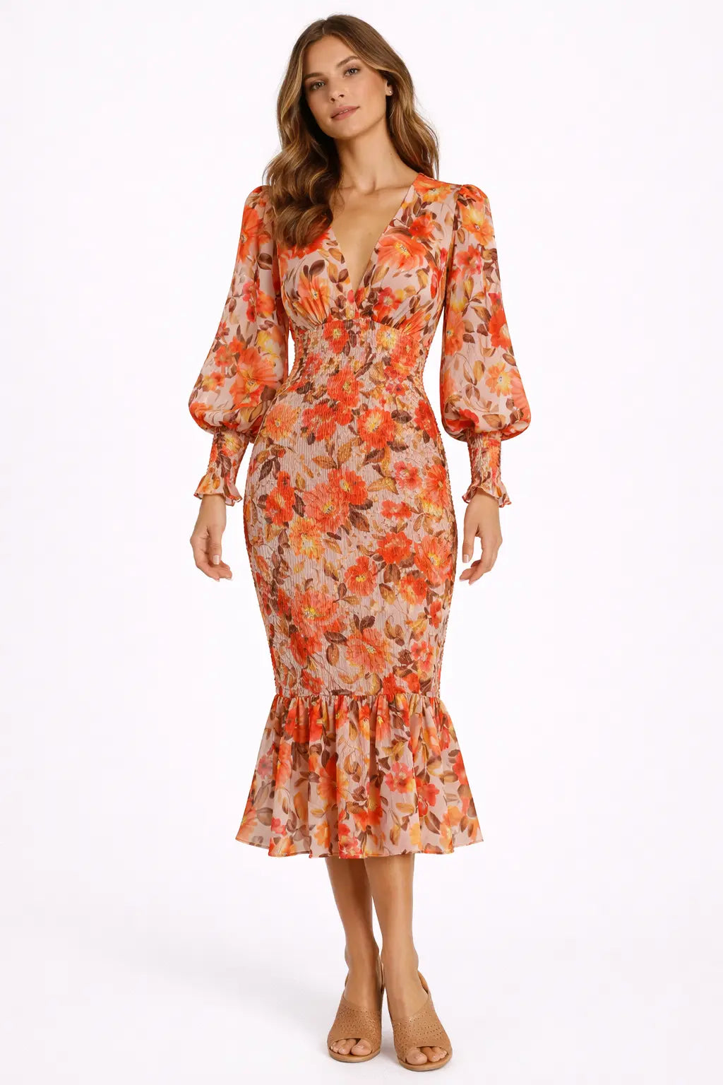 Midi kjole dame blomstret v-udskæring fitted talje polyester sommer Panorla
