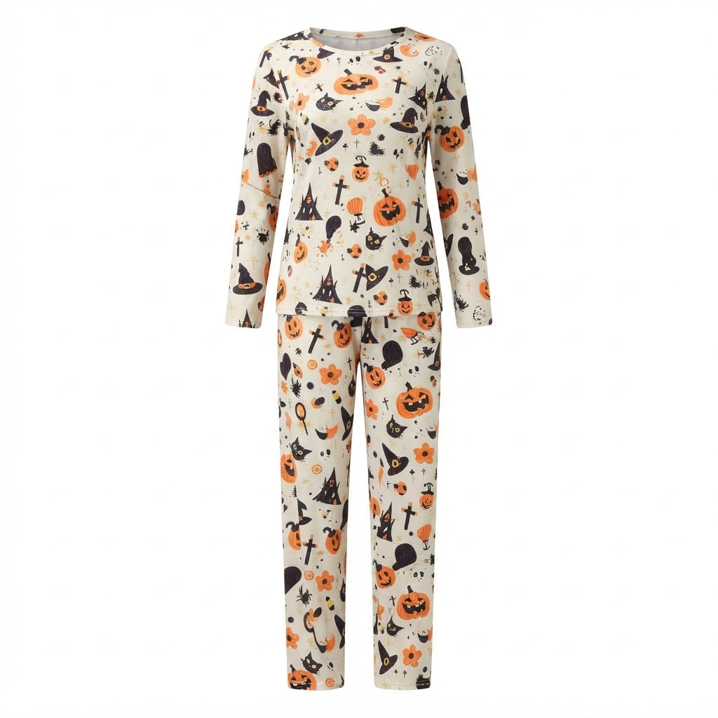 Halloween Pyjamas Dame Sæt – Langærmet Nattøj med Græskar og Spøgelser