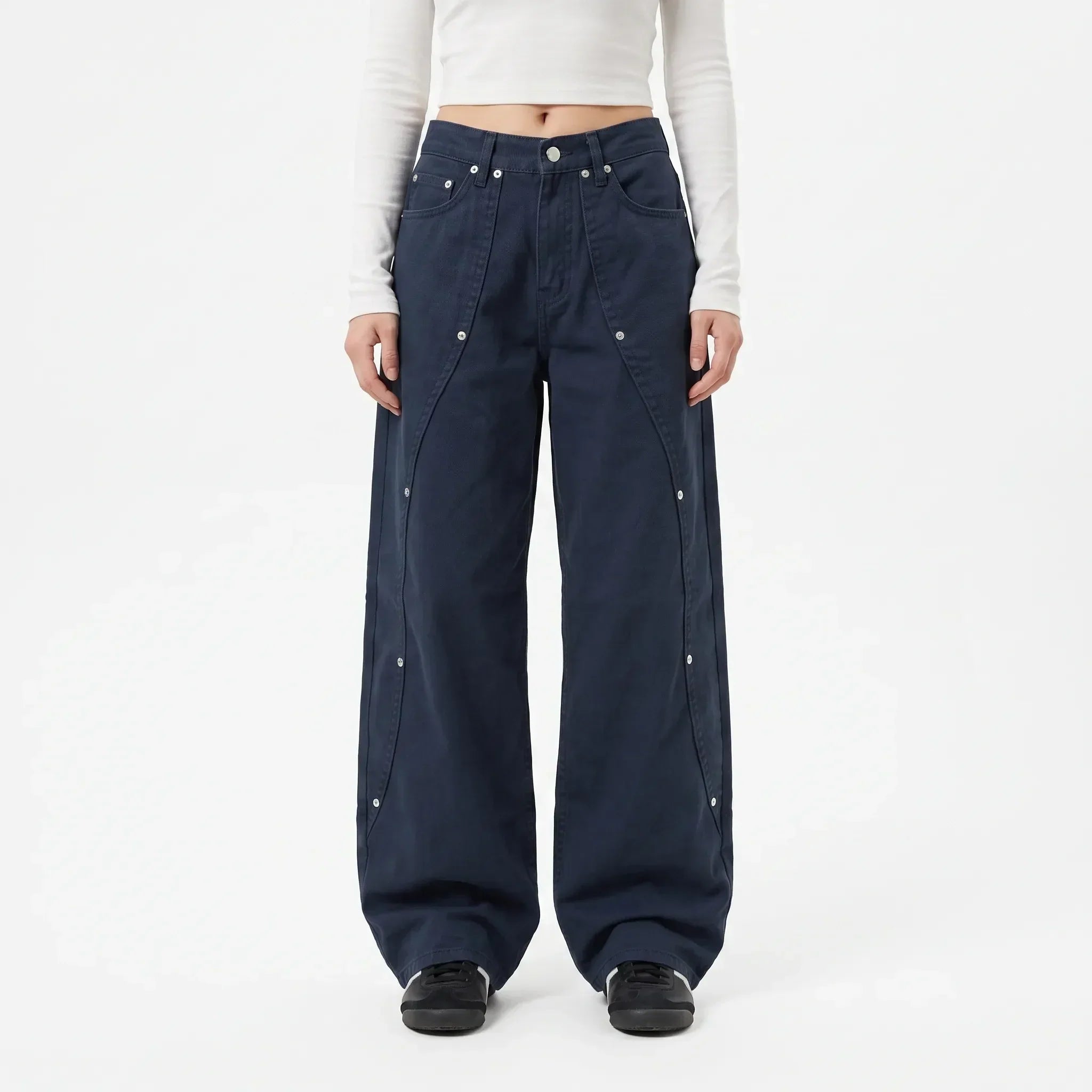 Baggy Jeans Dame Vide Ben – Buede Sømme med Knapper, Mørkeblå