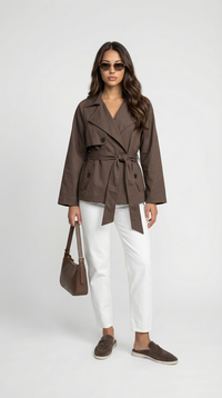 Women's Belted Trench Coat – Double-Breasted, Brown, Mid-Length