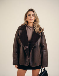 Trine Faux Leather Biker Jacket Women Brown – Asymmetric Cropped Cut