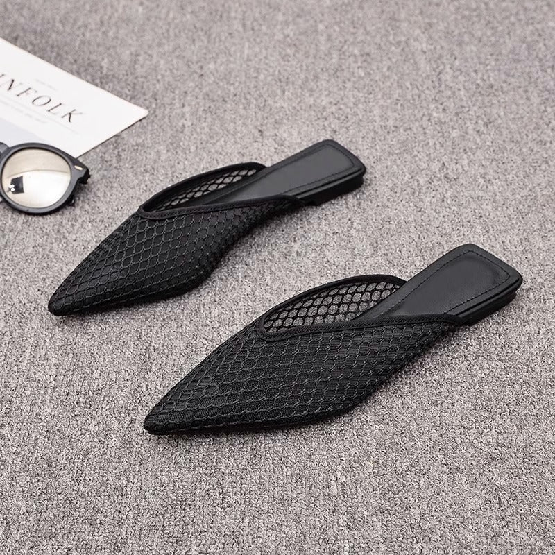 Mesh Mules Women – Pointed Toe Slip-On Block Heel Black