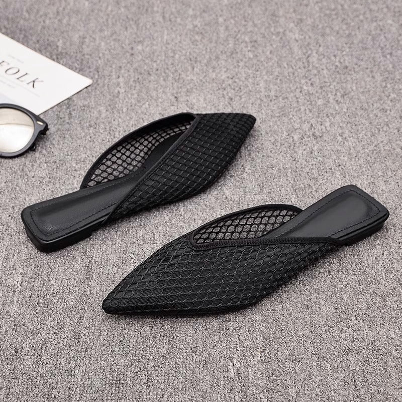 Mesh Mules Women – Pointed Toe Slip-On Block Heel Black