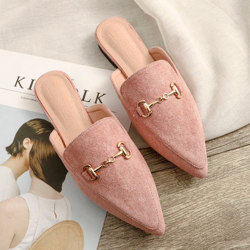 Chain Buckle Mules Women – Pointed Toe Slip-On Block Heel