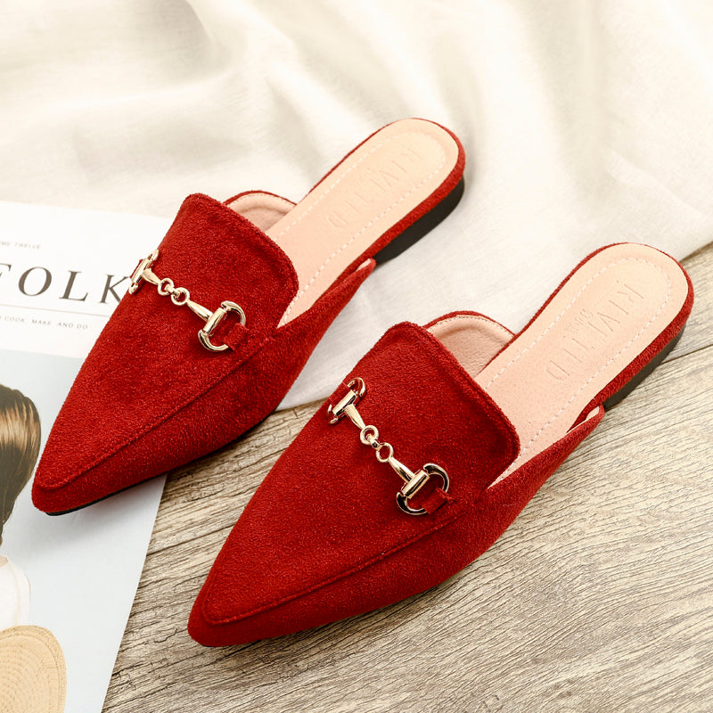 Chain Buckle Mules Women – Pointed Toe Slip-On Block Heel