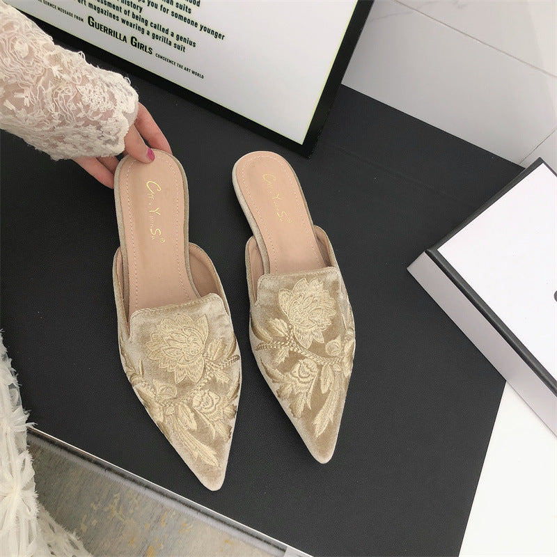 Embroidered Mules Women – Floral Pointed Toe Slip-On Block Heel