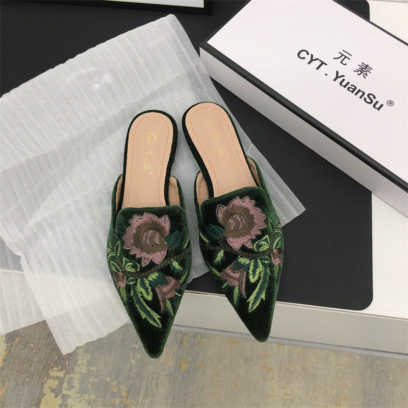 Embroidered Mules Women – Floral Pointed Toe Slip-On Block Heel