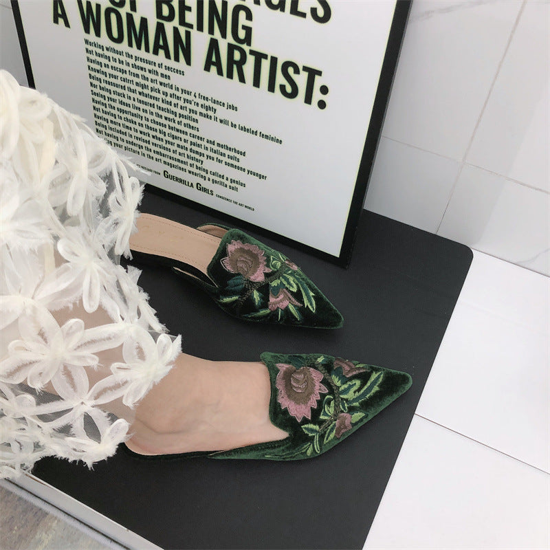 Embroidered Mules Women – Floral Pointed Toe Slip-On Block Heel