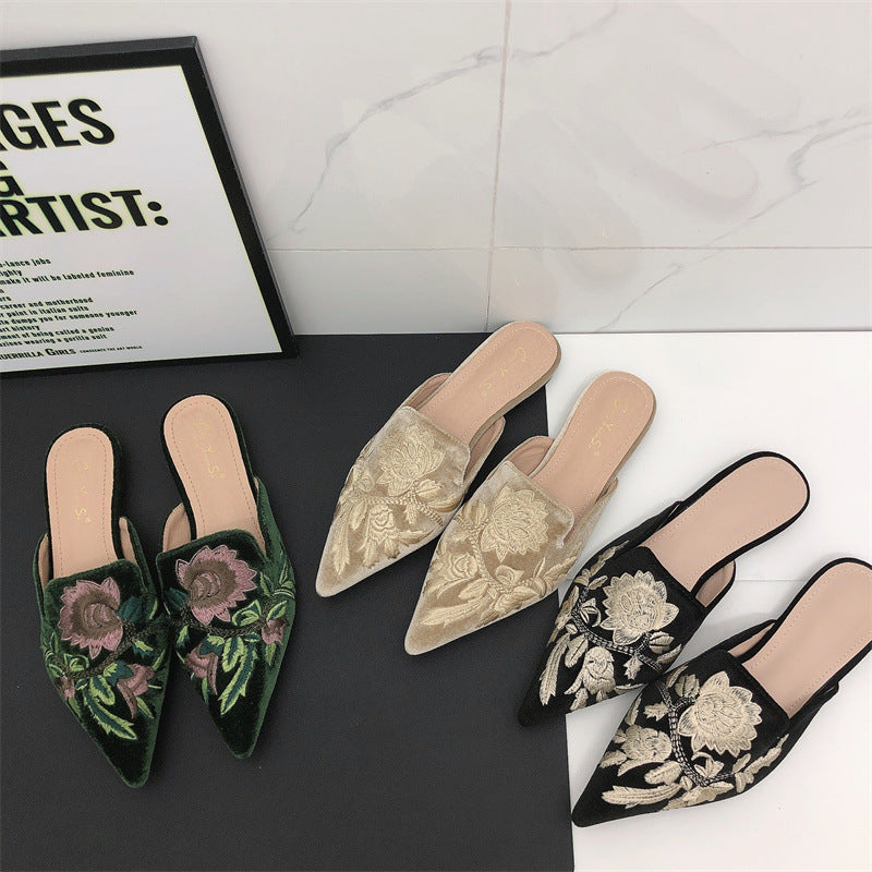 Embroidered Mules Women – Floral Pointed Toe Slip-On Block Heel